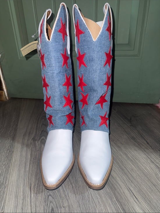 dingo Shoes - dingo White Foot Denim Shaft Heeled Boots with Red Stars